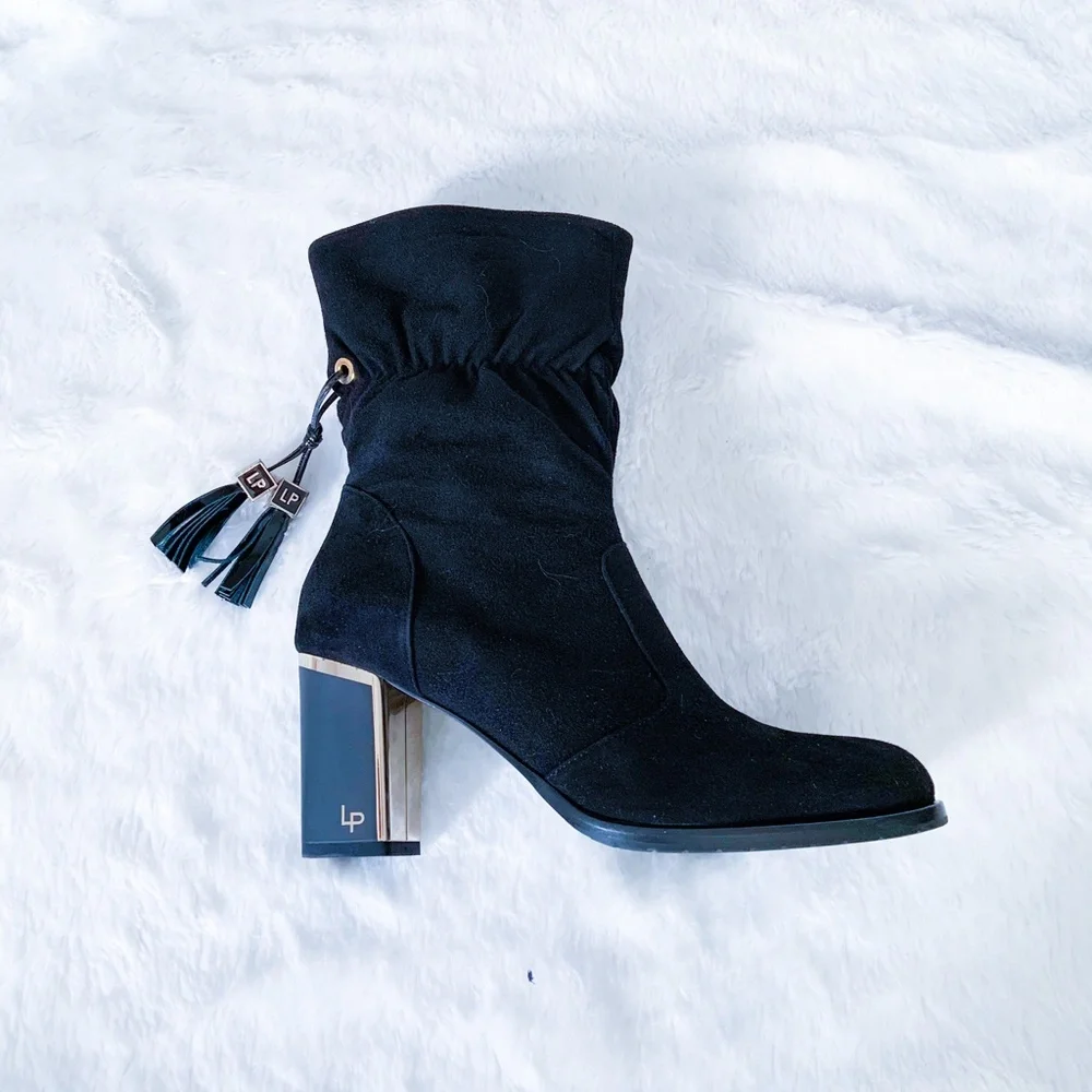 $498 | Loretta Pettinari | Suede Leather Black Ankle Boots Tassel Block Heel 40